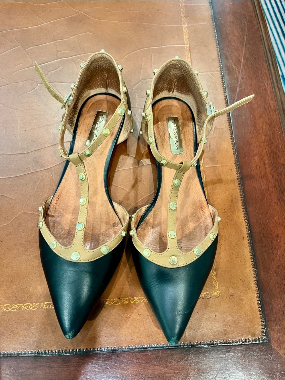 Halogen Black Pointed T-Strap Flats with Tan Stud Trim